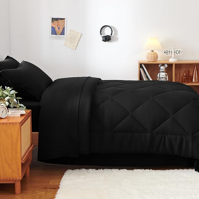 CozyLux Twin XL Comforter Set Black - 5 Pieces Twin Extra Long Bed in a Bag for College Dorm All Season Bedding Set for Girls and Boys Soft Bed Set with Comforter Sheets Pillowcase &amp Sham