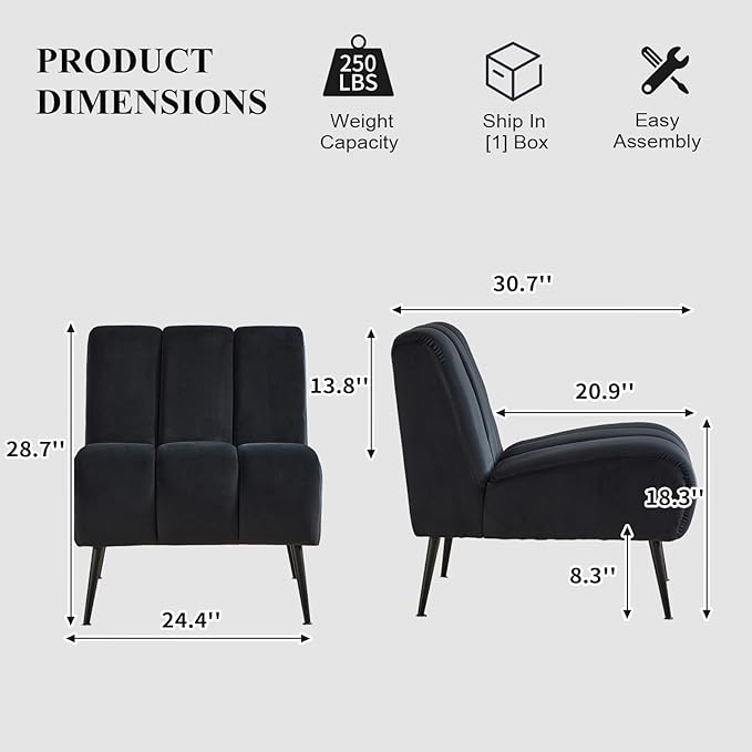 Modern Accent Chair Velvet Upholstered Fuzzy Club Chairs with Tufted Design Comfy Living Room Chair with Metal Legs Padded Reading Chair for Reading Room (Black-Velvet)