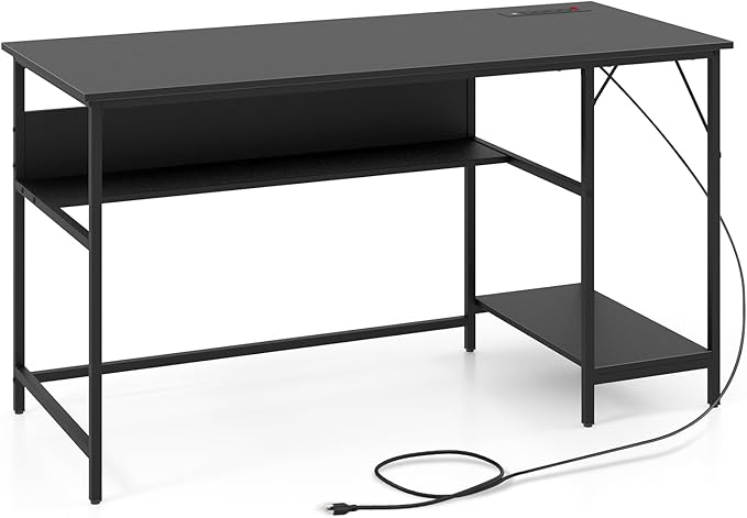 Tangkula 55 Inch Computer Desk with Power Outlets &amp USB Ports Home Office Desk with Built in Charging Station with Switch Computer Workstation Writing Study Desk with Storage Shelf &amp CPU Sta