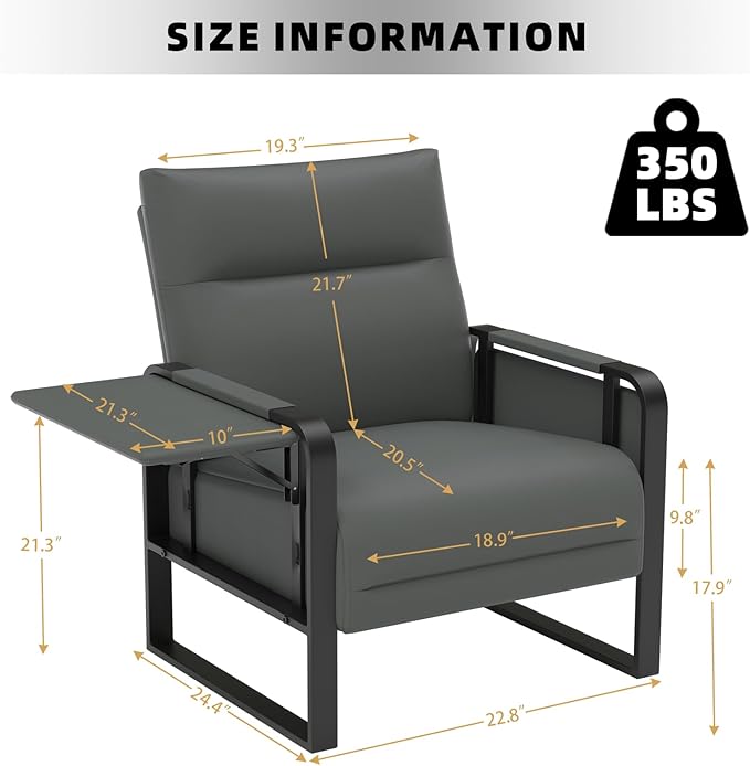 Faux Leather Accent Chair Upholstered Armchair with Side Tray &amp Pocket Comfy Reading Chair for Living Room Bedroom Guest Room Gray