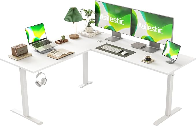 Agilestic L Shaped Standing Desk Adjustable Height Electric Corner Standing Desk 63 x 55 inch Sit Stand Computer Table with Splice Board White