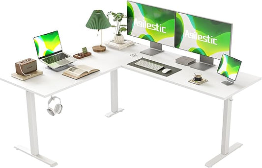 Agilestic L Shaped Standing Desk Adjustable Height Electric Corner Standing Desk 63 x 55 inch Sit Stand Computer Table with Splice Board White