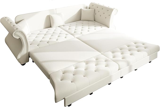 97.6'' Sleeper Sofa Bed King Size Flower Tufted Pull Out Couch Velvet Chesterfield Futon Couches Modern 4 Seater Convertible Sofa 3 Pillows for Living Room Apartment Offices Beige