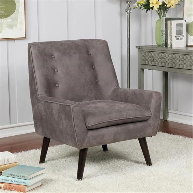 BOWERY HILL Mid-Century Tufted Fabric Accent Chair Dark Brown Finish 28.25 W x 30 D x 35 H Polyester Upholstery Barrel Shape with Tapered Legs Solid Wood Frame Living Room Seating