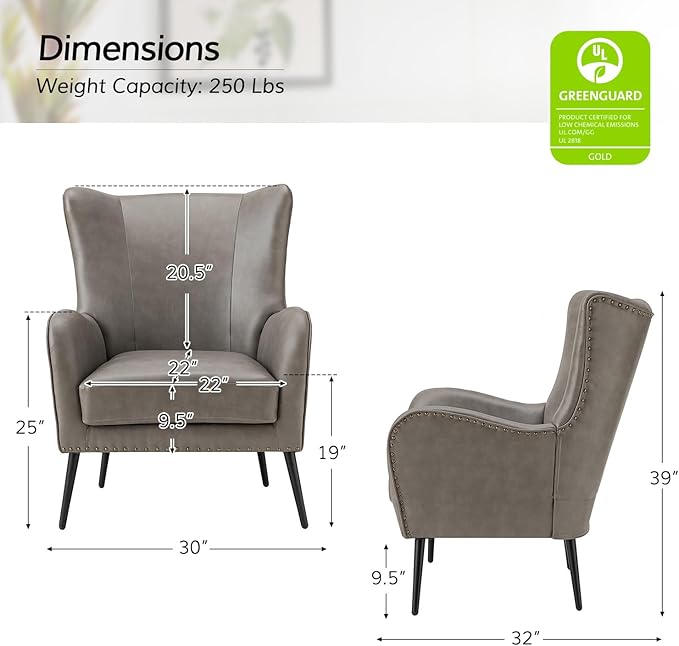 Upholstered Faux Leather Accent Chair with Black Metal Legs Comfy Armchair with Removable Cushion &amp Nailhead Trim Wingback Vanity Chair for Reading Living Room Bedroom