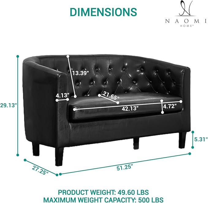 Emma Modern Loveseat Sofa – Faux Leather Love Seat Couch with Plush Cushions Solid Wood Frame Button-Tufted Design Stain-Proof Upholstery Small Loveseat for Bedroom Office &amp Small Spaces
