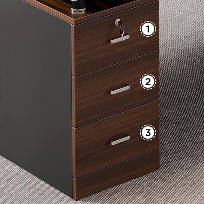 LITFAD Office Desk Modern Computer Desk Brown Wood Writing Desk with Black Sled Base Locking Drawer and Cabinet Home Office Furniture - Without Chairs 55 L x 24 W x 30 H