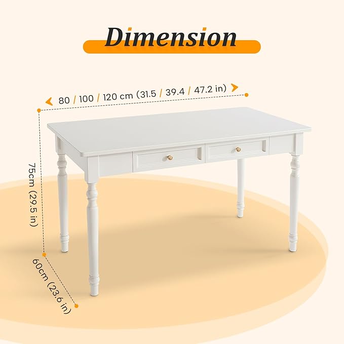 French Country Style White Writing Desks with Drawers 47 Solid Wood Farmhouse Computer Table for Home Office Living Room Study or Workspace (White)