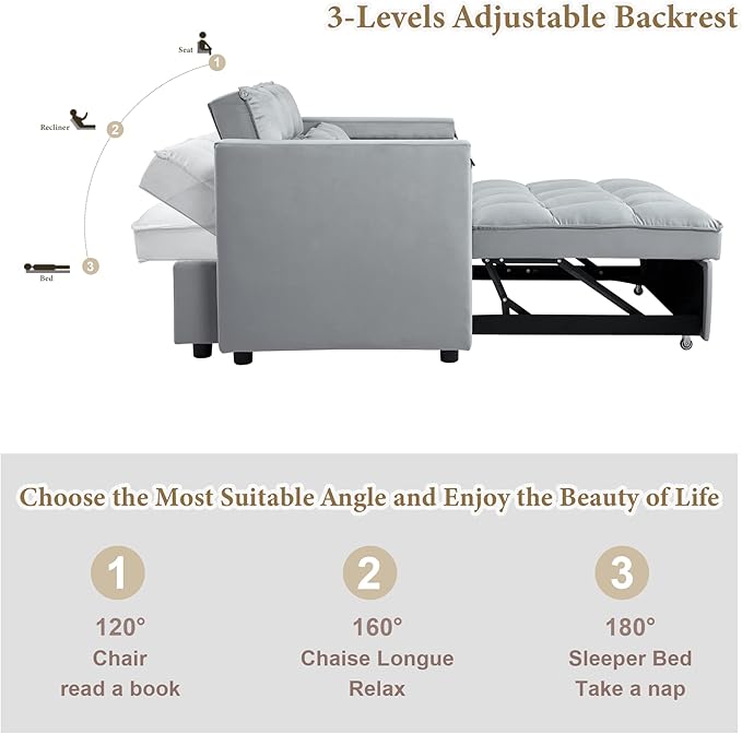 Velvet Convertible 3 in 1 Sleeper Sofa Bed Small Upholstered Loveseat Pull Out Couch Multi-Functional Sleeper Futon with Hidden Table and Adjustable Backrest for Living Room (Gray)