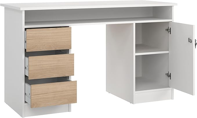 Tvilum Function Plus Computer Desk with Storage Cabinet 3 Handle-Free Drawers Two-Tone White and Oak Color Finish