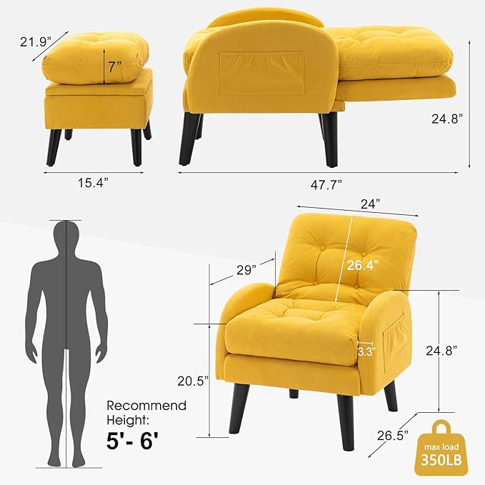 ELUCHANG Accent Chairs with Ottoman Upholstered Comfy Armchair with Adjustable Backrest&ampStorage Footrest Lazy Chair Reading Chair Leisure Sofa Recliner for Living Room Bedroom (Yellow - Linen)