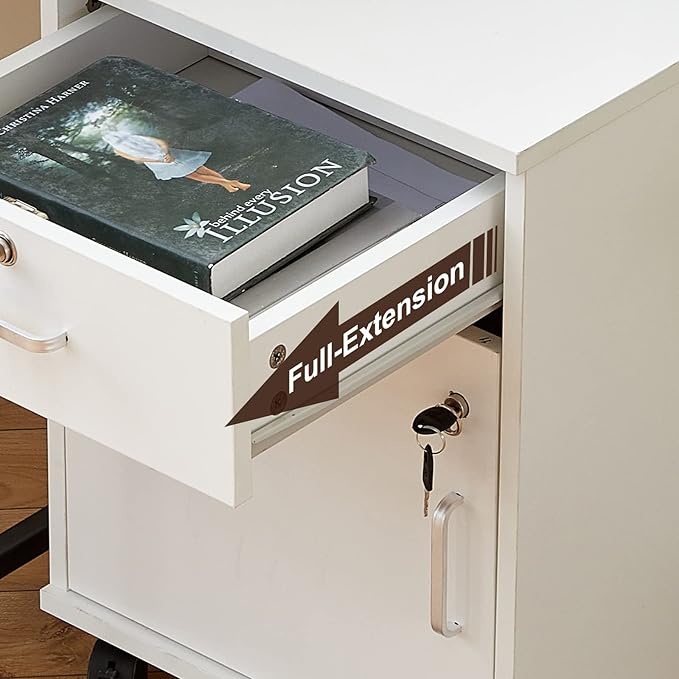 TUKAILAi Mobile File Cabinet with Lockable Drawer &amp Door Under Desk Rolling Filing Cabinet with 4 Wheels Wooden Stationery Storage Cabinet for Home Office (White)