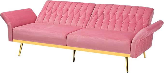 70 Velvet Futon with Adjustable Backrest and Armrests Sofa Bed with Extra Pillows for Waiting Room Living Room and Office Pink