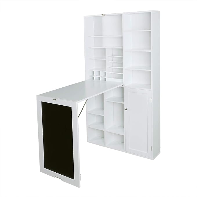 Utopia Alley Collapsible Fold Down Desk Table | Computer Desk with Large Storage Cabinet &amp Bottom Shelves Stylish Furniture for Home Office Crafting and More (White)