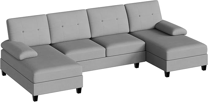 Nuturelly Nutually Sectional Couches for Living Room Convertible U-Shaped Sofa Couch with Double Chaise 4 Seat Sofa Set Modular Sofa Couch with Linen Fabric for Apartment Light Gray