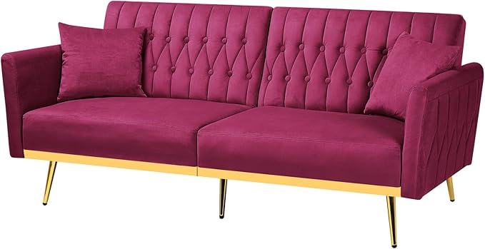 70” Velvet Futon Sofa Bed with 2 Pillows and Adjustable Armrests Convertible Sleeper Bed W/Adjustable Backrests Modern Loveseat for Living Room Bedroom Fuchsia