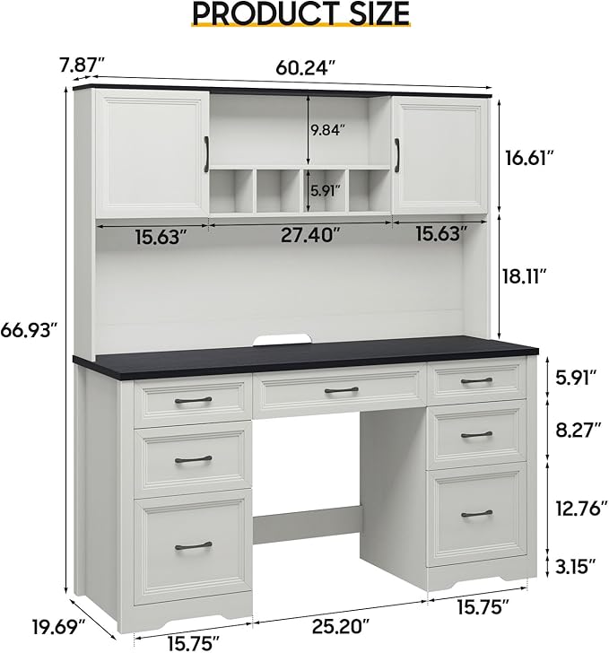 Farmhouse Executive Desk with 7 Drawers and Storage Cabinet Rustic Large Home Writing Desk with Hutch Workstation for Bedroom Black