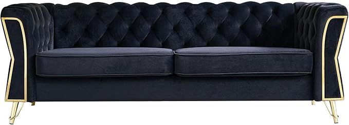 KEIKI 87 Chesterfield Velvet Button Tufted Sofa with High Density Foam Cushions Modern 3-Seater Couch with Gold Strip Trim Decoration Easy Assembly for Apartment Living Room Office Black