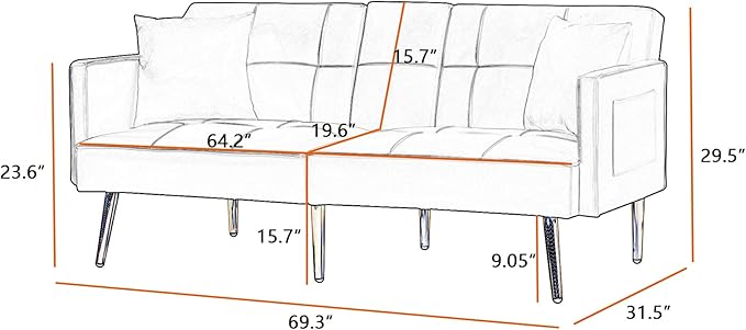 Velvet Futon Sofa Bed with Cup HolderVelvet Small Loveseat Sleeper Bed Modern Folding Sleeper Couch with 2 Pillows and 6 Gold Metal Legs for Living Room. (Off-White)