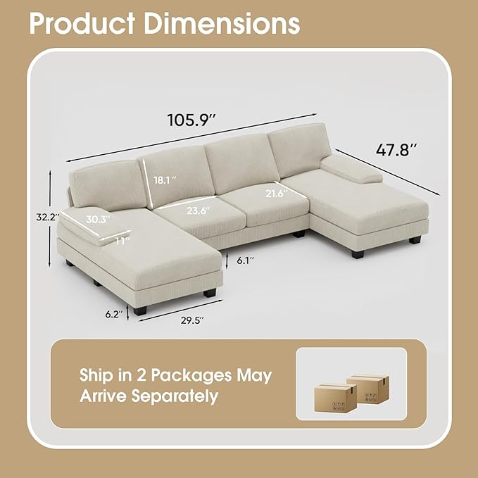 Furniwell Convertible Sectional Sofa Couch 4 Seat Sofa Set for Living Room U-Shaped Modern Fabric Modular Sofa Sleeper with Double Chaise &amp Memory Foam (Corduroy Beige)