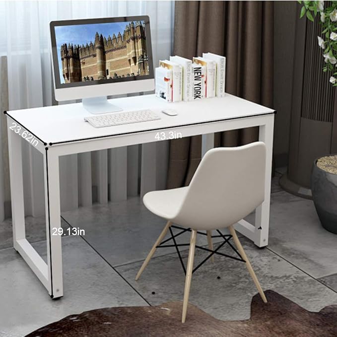 Computer Desk 43in Wood Work Desk Large Gaming Writing Desk PC Laptop Table Study Workstation Home Office Furniture (White)