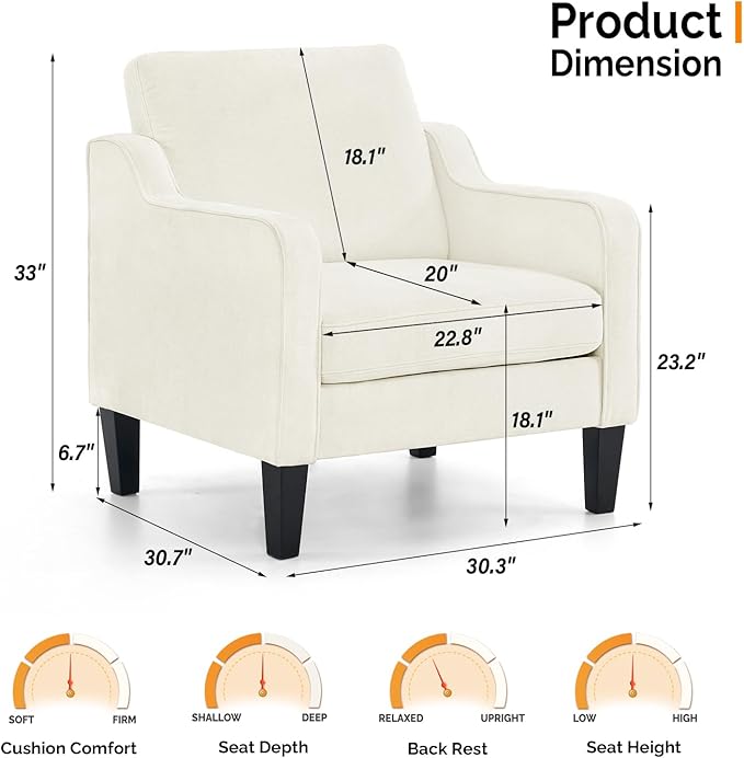 VINGLI Living Room Chairs White Accent Chair Soft Chenille Comfy Arm Chair Mid Century Modern Sofa Chair for Small Spaces Bedroom Home Offfice Apartment Lounge (Creamy White)