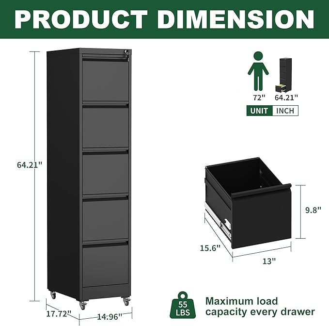 5 Drawer Small File Cabinet with Lock on Wheels Under Desk Storage Cabinet Organizer for Home Office Heavy Duty Filing Cabinets for A4 Letter Legal Size FilesBlack