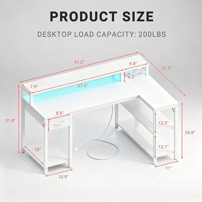 Simple Deluxe 47-inch L-Shaped Gaming Desk with LED Lights &amp Power Outlets Reversible Corner Computer Desk with Monitor Riser Drawer &amp Shelves for Home Office Black/White