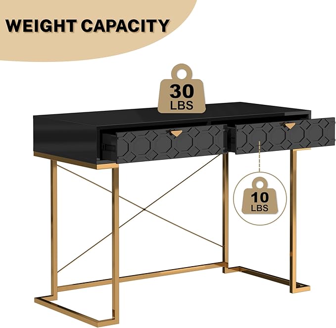 Clihome 42'' Home Office Desks Modern Writing Desk with Drawers Modern Simple Desk with Golden Legs and X-Shaped Bracket