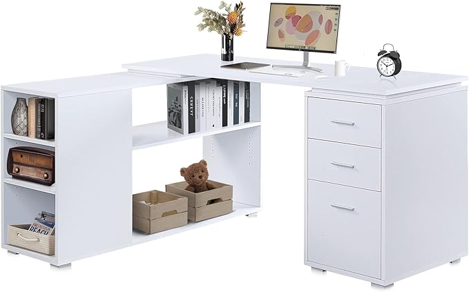BELLEZE L Shaped Computer Desk 60” Study Writing Table Home Office Desk Morden Corner Workstation Setup with Adjustable Storage Shelves and 3 Drawers White