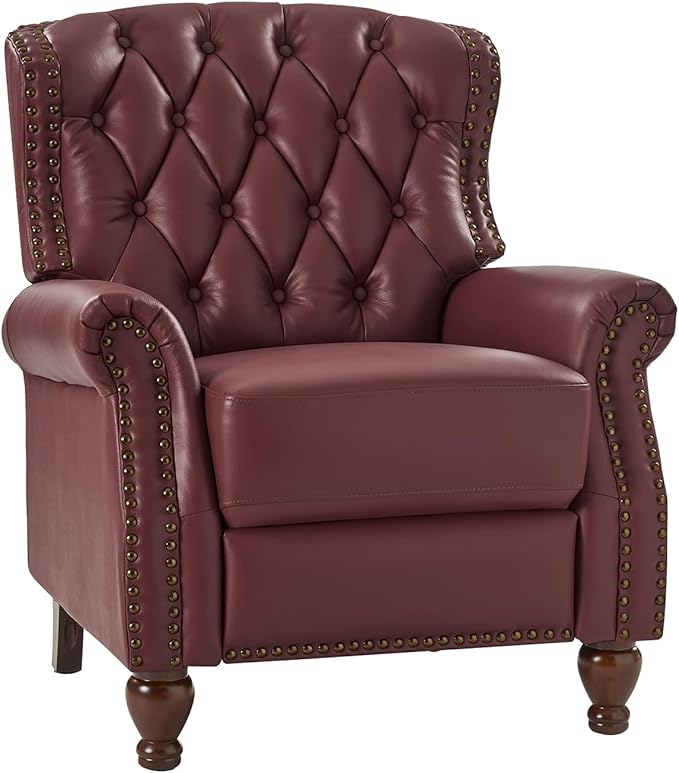 HULALA HOME Genuine Leather Recliner Chair with Solid Wood Feet Modern Adjustable Tufted Push Back Arm Chair w/Rivet Decoration Home Theater Seating Single Reclining Sofa for Living Room Burgundy