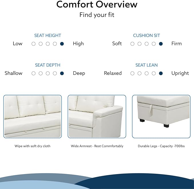 Naomi Home Transform Any Space: Sleeper Sectional Sofa with Convertible Sofa Bed &amp Inviting Chaise &amp Durable Cushions for Lounge Living Room - White/Air Leather