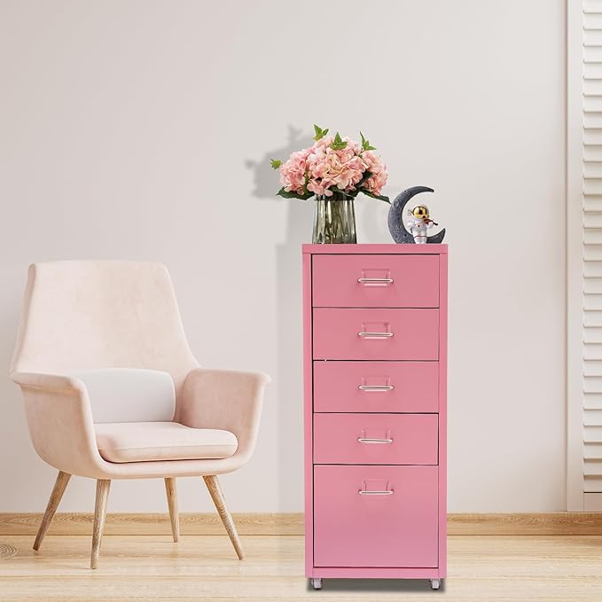 Metal File Storage CabinetSide Storage OrganizerFreestanding Storage UnitMetal Garage Storage DrawerStorage Cabinet with 5 Drawers and Wheels for OfficeHomeSchoolPink11 * 16.1 * 27.1in
