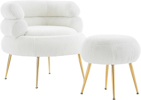 Modern Accent Chair with OttomanSoft Teddy Velvet Armchair with Golden Metal LegsComfy Reading Lounge Chairs for Living RoomBedroom (Beige)