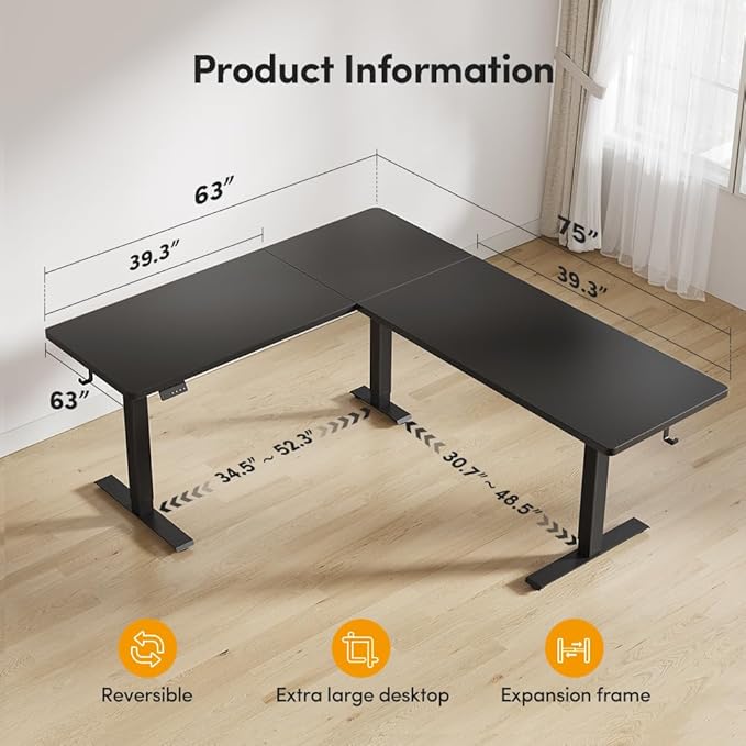 Cubiker 75 * 63 L Shaped Standing Desk Reversible Corner Standing Desk Suitable for Home Office Black