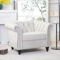 Modern Chesterfield Armchair PU Leather Rolled Arm Tufted Back Accent Chairs Upholstery Nailhead Trim for Living Room Office (White PU)