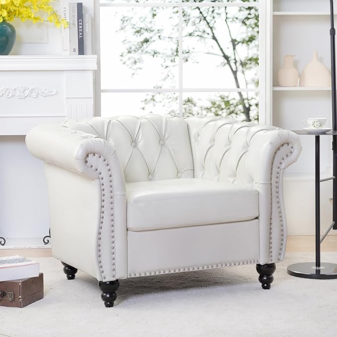 Modern Chesterfield Armchair PU Leather Rolled Arm Tufted Back Accent Chairs Upholstery Nailhead Trim for Living Room Office (White PU)