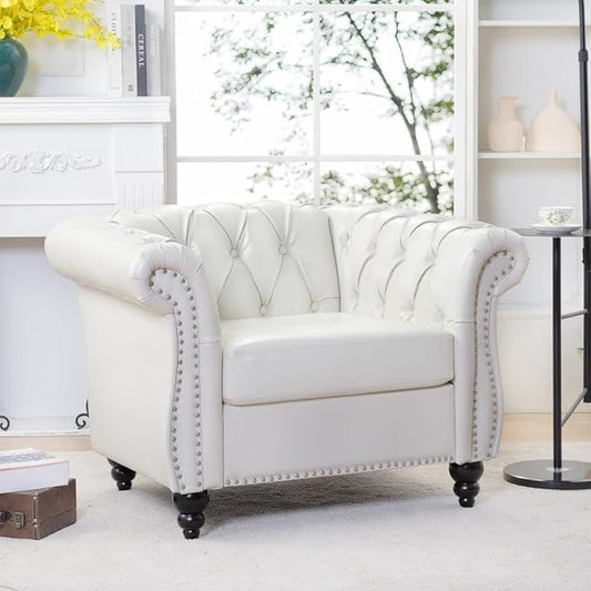 Modern Chesterfield Armchair PU Leather Rolled Arm Tufted Back Accent Chairs Upholstery Nailhead Trim for Living Room Office (White PU)