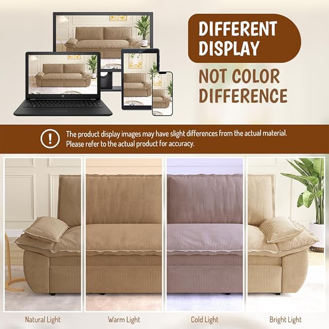 73.2 Queen Size Pull Out Sofa Bed 3-in-1 Convertible Sleeper Corduroy Loveseat for Living Room Apartment Bedroom Small Spaces Camel (Mattress &amp Bedding Not Included)