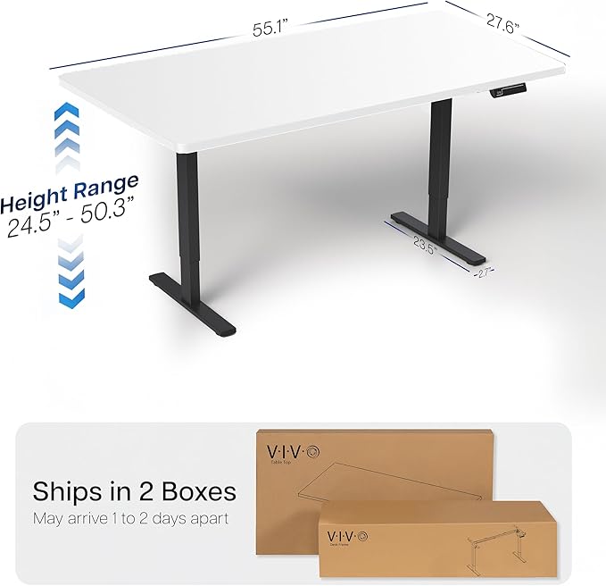 VIVO Electric 55 x 28 in Dual Motor Sit Stand Desk Memory Height Adjustment 2B Series White Top Black Frame DESK-KIT-2B55W