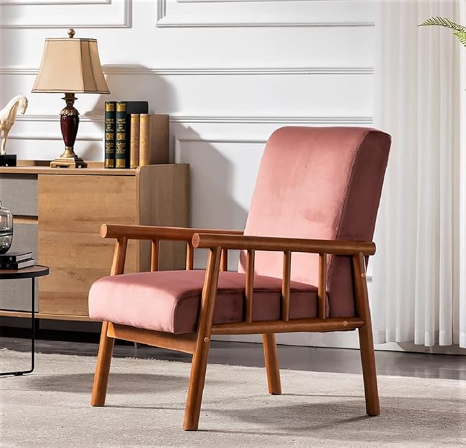Container Furniture Classic Living Room Mid Century Modern Accent Chair with Unique Open-Framed Arm Design and Solid Wood Frame Velvet Armchair Rose
