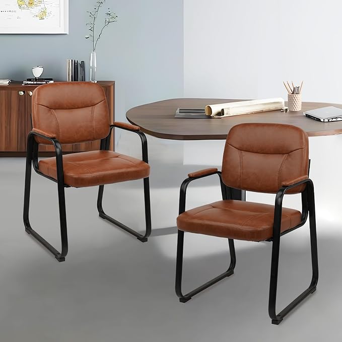 CLATINA Waiting Room Guest Chair with Bonded Leather Padded Arm Rest for Office Reception and Conference Desk Black with Sled Base Brown 1 Pack