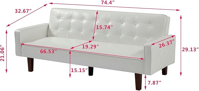 Vegan Leather Sofa Bed Sleeper Couch 74.4 Inch Convertible Loveseat Size for Small Space 3 Seater Chesterfield Button Tufted for Office Apartment Dorm Living Room White