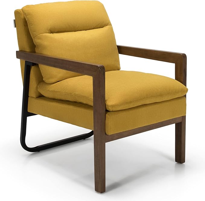 Giantex Set of 2 Accent Chair Comfy Soft Bedroom Chair with Solid Rubber Wood Legs Rear Steel Bracket Non-Slip Foot Pads Detachable Cushions Mid-Century Modern Living Room Chairs Yellow
