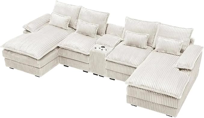 125 Modular Sectional Sofa Corduroy U-Shaped Cloud Couch with Storage &amp USB 6 Seat Sectional Couches Oversized Comfy Fluffy Deep Seat Sectionals Sofa Set for Living Room Beige 5-Piece
