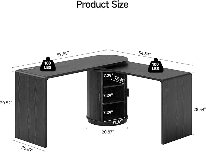 ONBRILL 60 Inch L Shaped Desks with Power Outlets360° Rotating Fluted Computer Desk with Storge Swivel Corner Table for Home OfficeWorkstationStudy RoomBlack