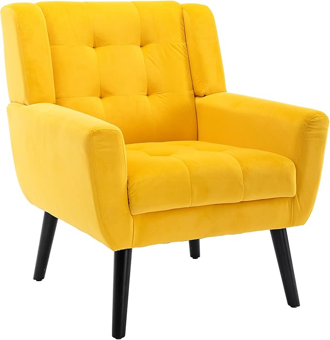 Modern Velvet Accent Chair/Living Room Chair/Arm Chair/Lounge Chair with Solid Wood LegsSuitable for Clubs Living Rooms Offices Balconies (Yellow)