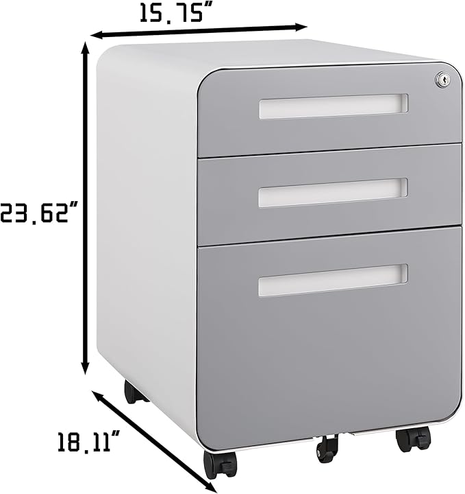 Office Pedestal File Cabinet: Lockable Compact Storage Solution for Home Office - Under Desk Cabinet with Removable Pencil Tray Hanging Bar and 5 Utility Wheels (White+Gray)