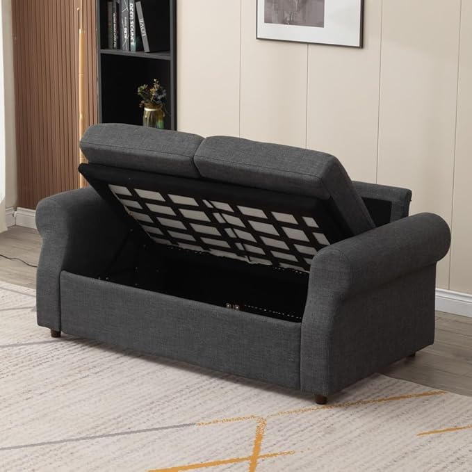 Panana Modern 2 Seater Loveseat Sofa Couch with Storage Dark Grey or Light Color Choice of Curved Sock or Track Arm Design (Dark Gray 3 Seater - Scroll Arms)