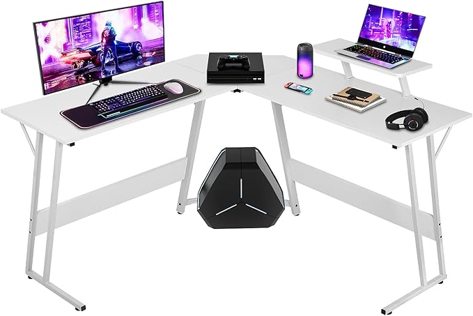 NChanmar L Shaped Gaming Desk with Monitor Riser Stand Home Office Corner Desk for Studying Working and Gaming Large Desktop White